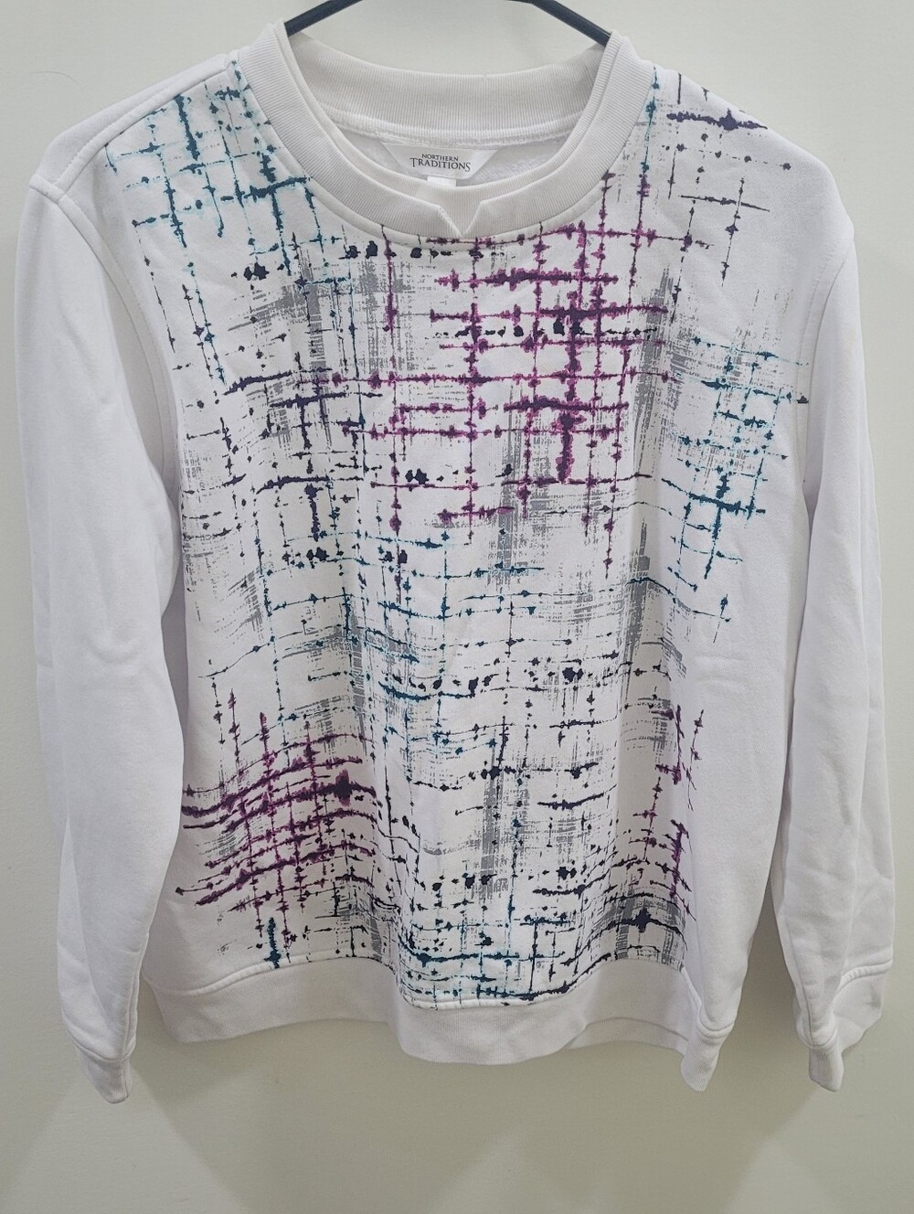 White Abstract Print Women’s Sweater - Purple & Teal Northern Traditions Sz M